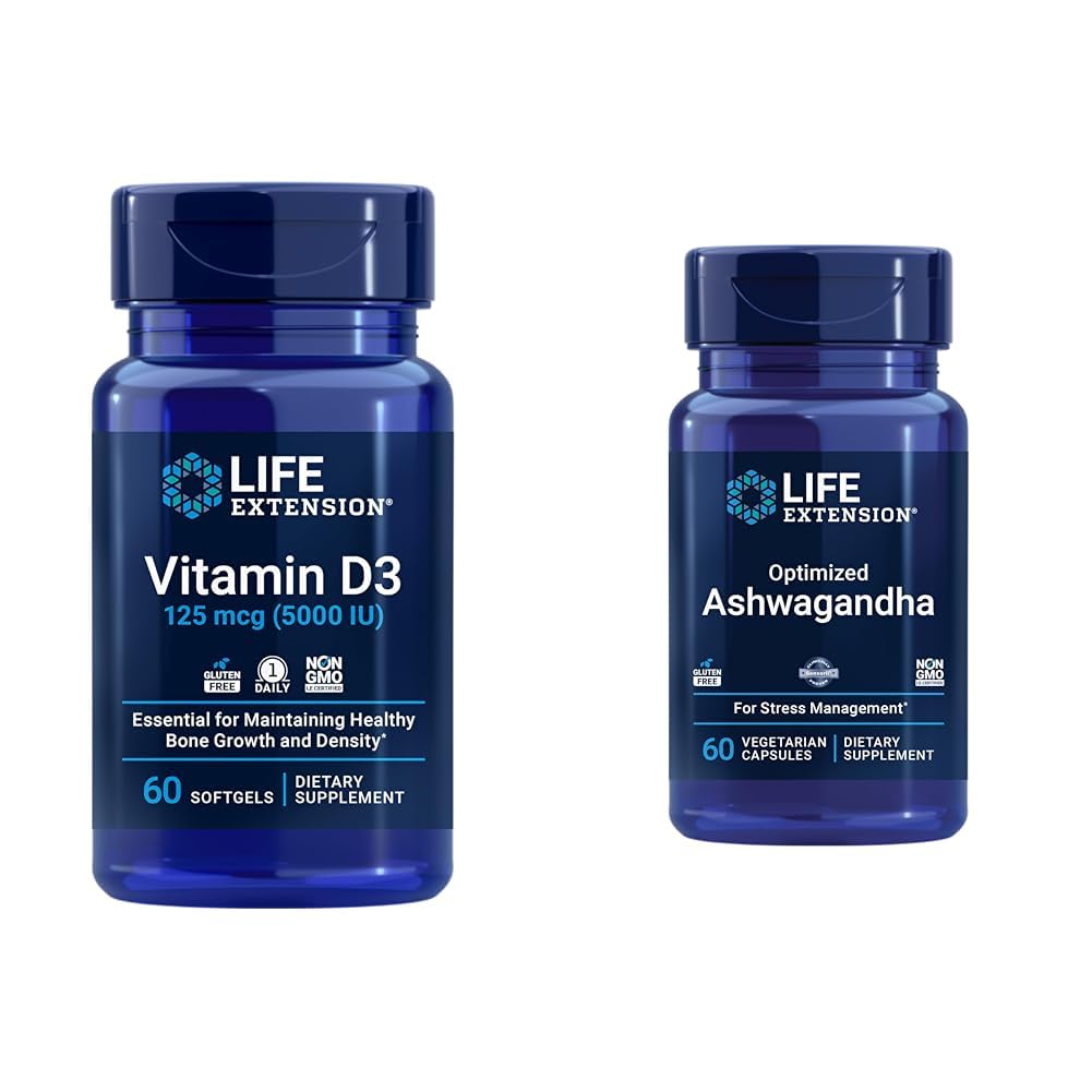 Life Extension Vitamin D3 5000 i.e., Ashwagandha - Stress Relief, Focus, Memory, Mood Support - Ne-GMO Supplement Bundle