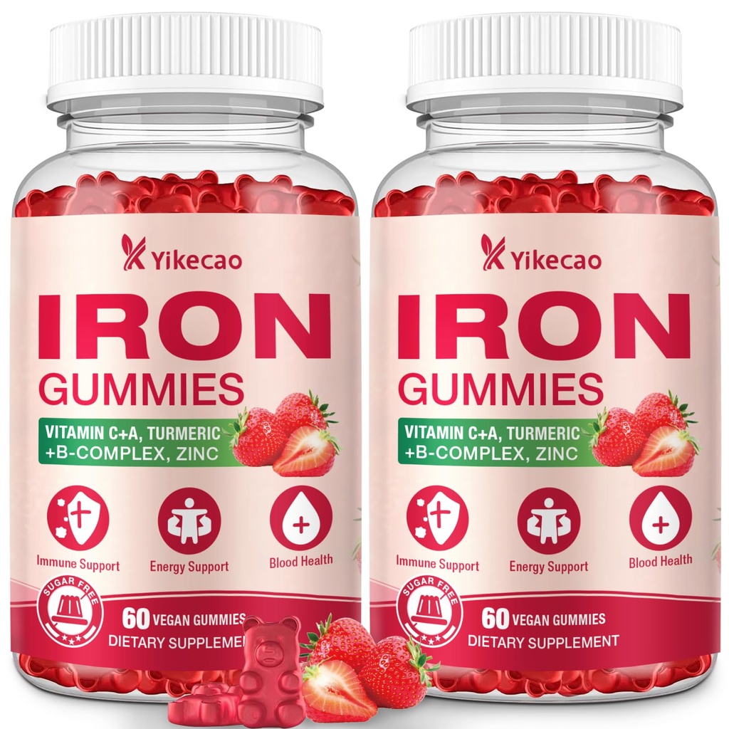 2 Pack Vegan Iron Gummies, Iron Supplement for Women & Men, with Vitamin C, A, B-Complex, Folate, Zinc, and Biotin, Strawberry Flavor, 120 Count