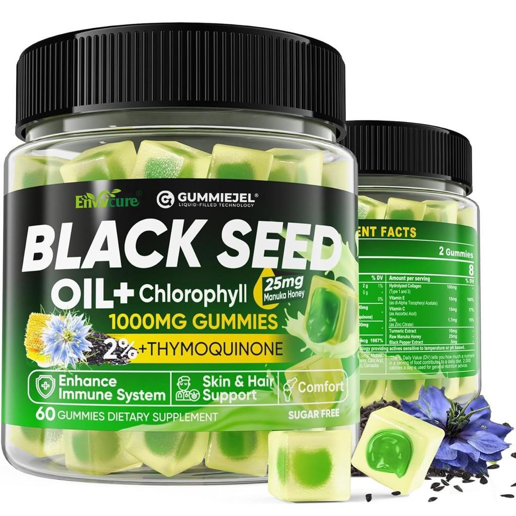 Olje črnega semena Gumies & Klorofil, Biotin 500mcg s hidroliziranim kolagenom, Raw Manuka Med, organsko hladno - Ultimate Absorpcija za kožo, lase in nohte, Prebavni, Splošno zdravje, 1 pakiranje