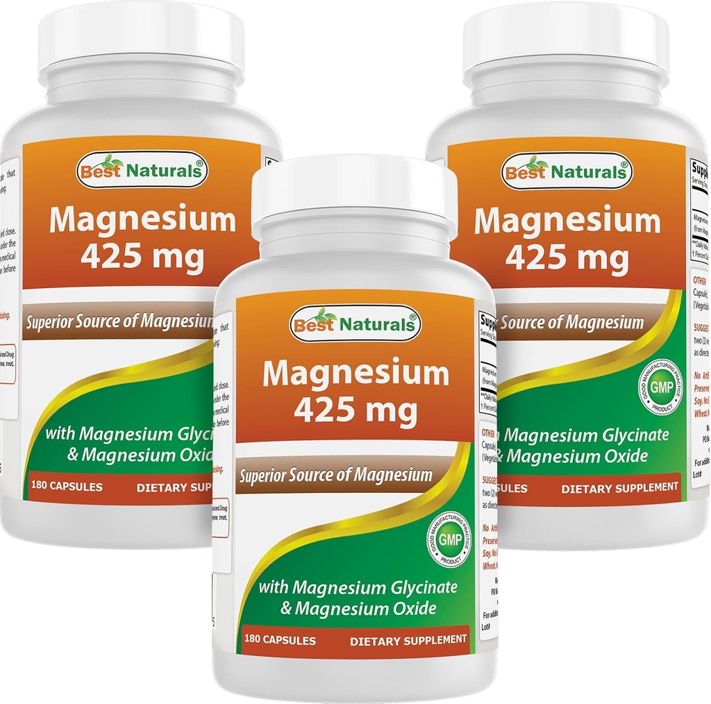 Najboljše naravne Magnezij 425 mg 180 Veggie kapsule - visoka absorpcija Magnezij Glicinat in magnezijev oksid kelirani, ne-GMO, Gluten proste mišice sprostitev (180 Število (3))