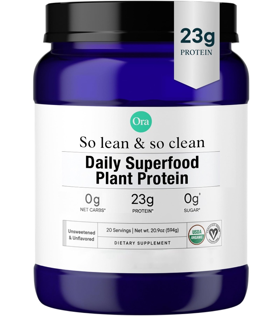 Ora organski veganski protein v prahu - 23g rastlinski beljakovinski koncentrat + superhrana za ženske in moške - nesladkan in nearomatiziran - 20 serverjev, brez eritritola, Keto-prijateljski, Gluten-free, Paleo, Soy-free
