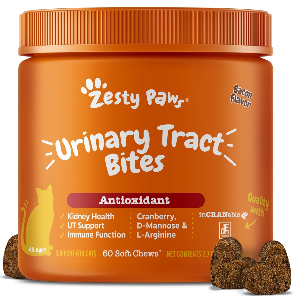 Zesty Paws Cranberry Urin Tract Bites for Cats - Zdravje ledvic in sečil Tract - Mehki žveči z D-manozo, vitamin B6 & L-arginin - Imune & Gut Support - Bacon - 60 Count