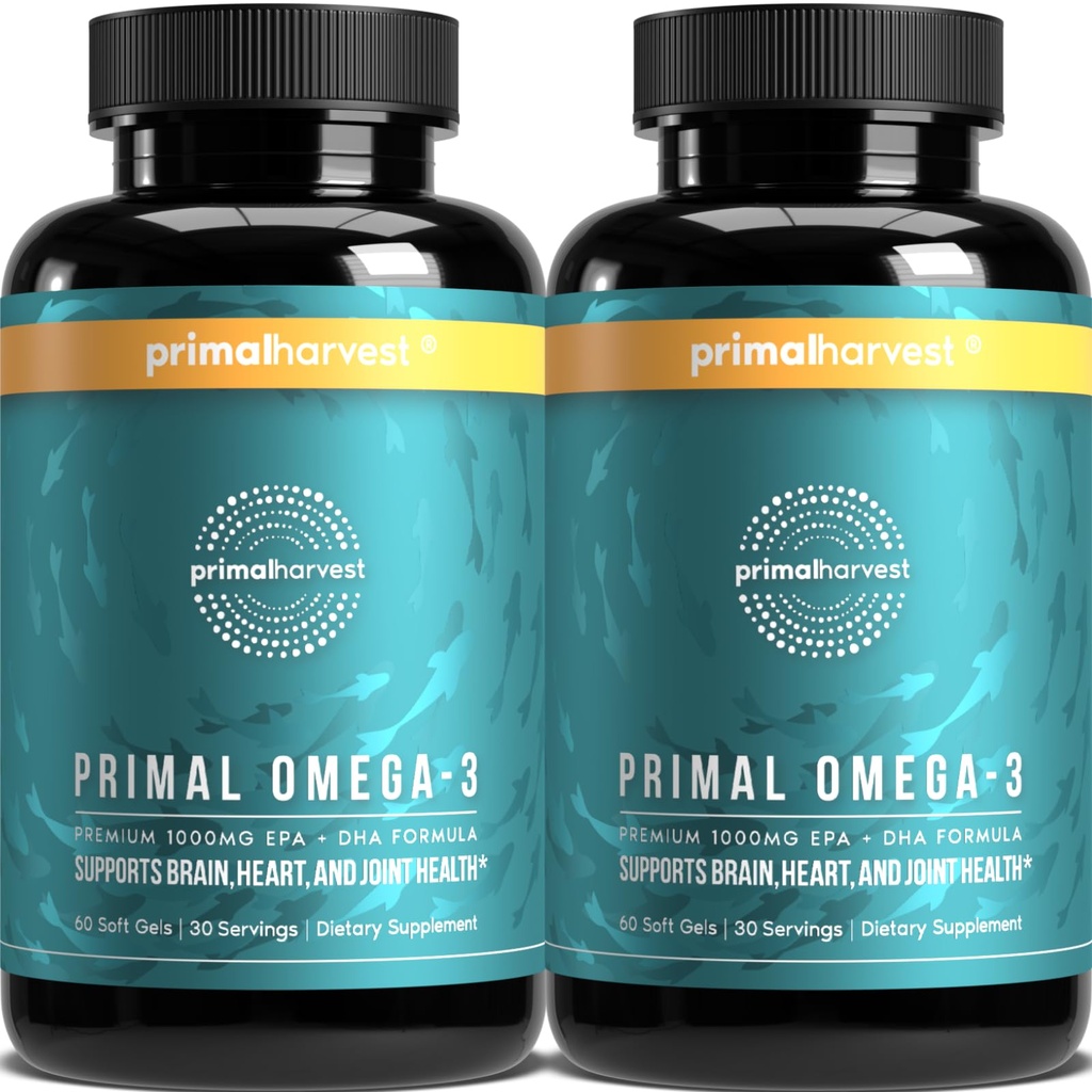 Primal Harvest Omega 3 ribje olje dopolnila, 30 Servisi Soft Geli Kapsule w/ 1000mg EPA + DHA dopolnila, Brez ribjih ogorkov Non-GMO Omega 3 Maščobna kislina, 2 paket