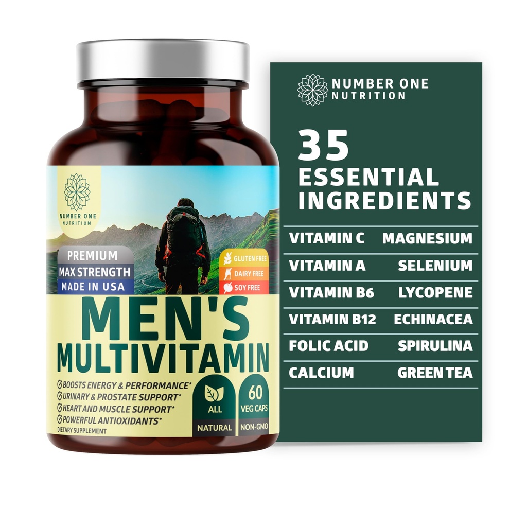 Številka One Nutrition Premium Men's Daily Multivitamin Multimineral Supplement [Gluten Free, Non-GMO], Vitamini A C E B1 B2 B3 B5 B6 B12, Magnezij, Biotin, Sprulina in cink, 60 Veg Caps