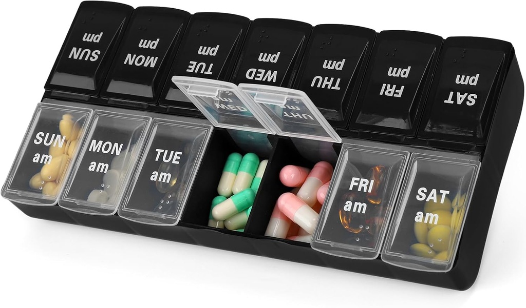 7 Day Weekly AM PM tablete organizator, 2 krat na dan velike tablete tablete zaboj tablete škatla za tablete vitamine dopolnila zdravila (črna+bela,2 krat)