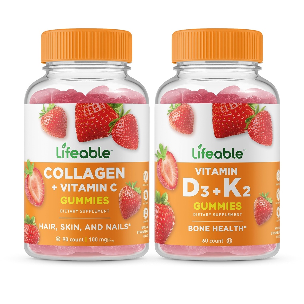 Življenjski kolagen in vitamin C + vitamin D3 + vitamin K2, Gummies Bundle - odličen okus, Vitamin dodatek, Gluten brezplačno, GSO brezplačno, žvečljivi gumi