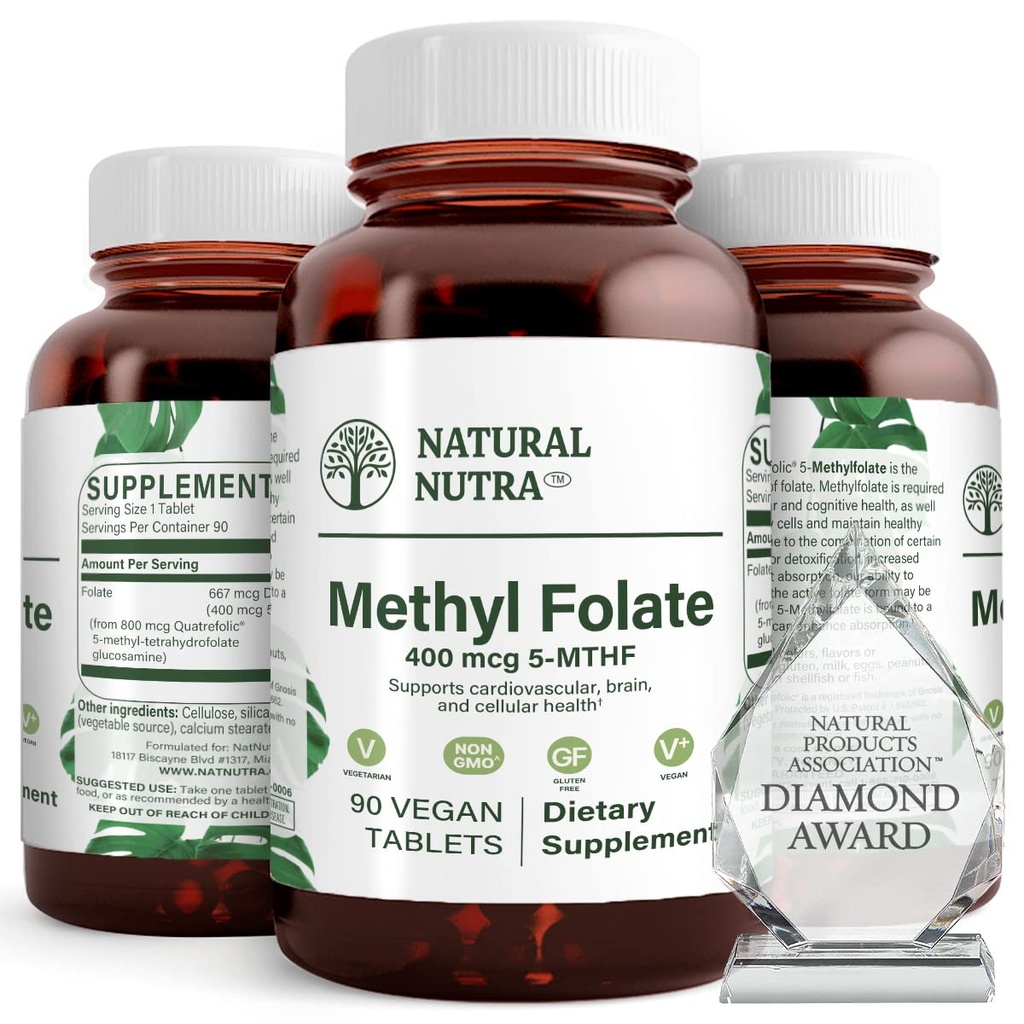 Natural Nutra Active Methyl Folate Supplement with Quatre Folic, Helps to Brain Health, Improve Heart Health, Support Body Health, Promotes Cell Health, Boost Body's Immune System, 90 Vegan Tablets