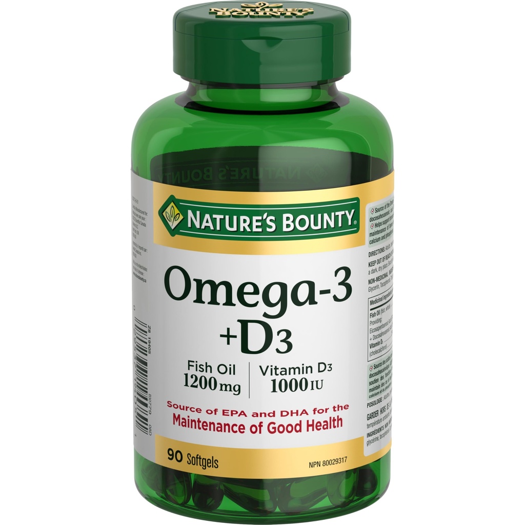 Narava Bounty Omega-3 + D3 ribje olje 1200mg / vitamin D3 1000IU 90 mehkih gelov