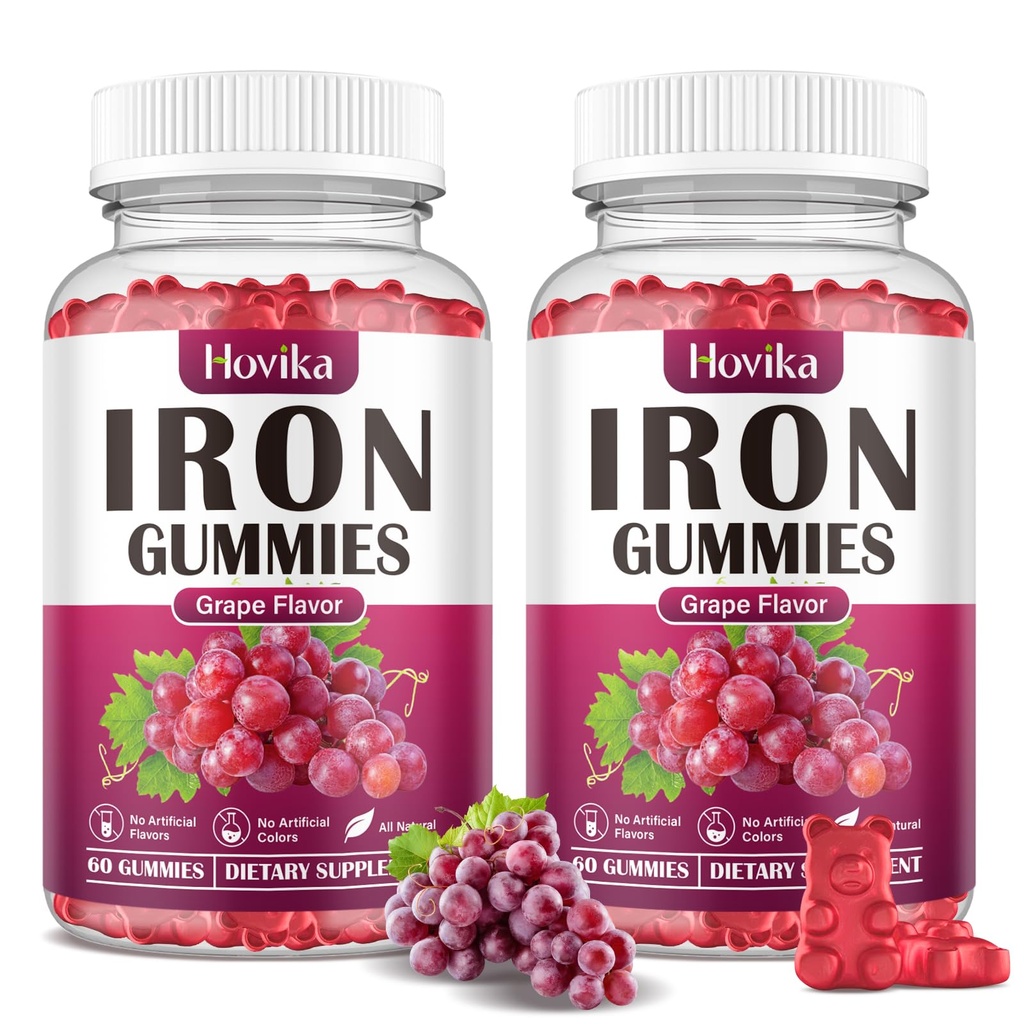 (2 paket) Železo Gumies Supplement za ženske in moške, Železo dopolnila za anemijo z vitaminom C, B12, Folate-Blood Builder & Energy Support za pomanjkanje železa - Grape Flavor, Vegan, 120 Gummies