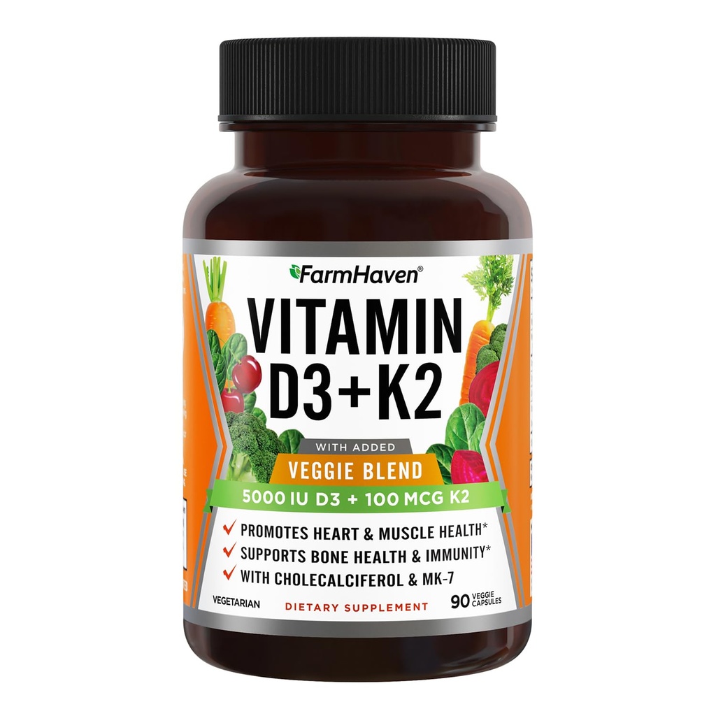 FarmHaven Vitamin D3 K2 Kapsule - 5000 i.e. D3 in 100 μg K2 - holekalciferol MK7 z vegetarijansko sadno mešanico - vitamin D K2 dodatek za imunski sistem in zdravje srca - vegetarijanski, ne-GMO, 90 kapic
