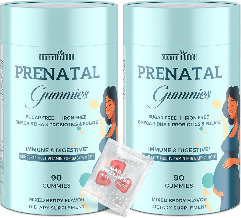 Prenatal Gumies Sladkor Brez sladkorja 180 Število - Organics Prenatal Vitamini za ženske z Folate, DHA & Probiotics - Brez železa Prenatal Vitamin Gumies za Imune & Digestive - 2 steklenice