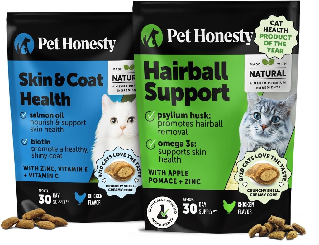 Cat Skin & Coat Health & Hairball Support Bundele: Omegas & Biotin Chews for Shiny Coat & Furball Remedy (Chicken 30-Day Supply)