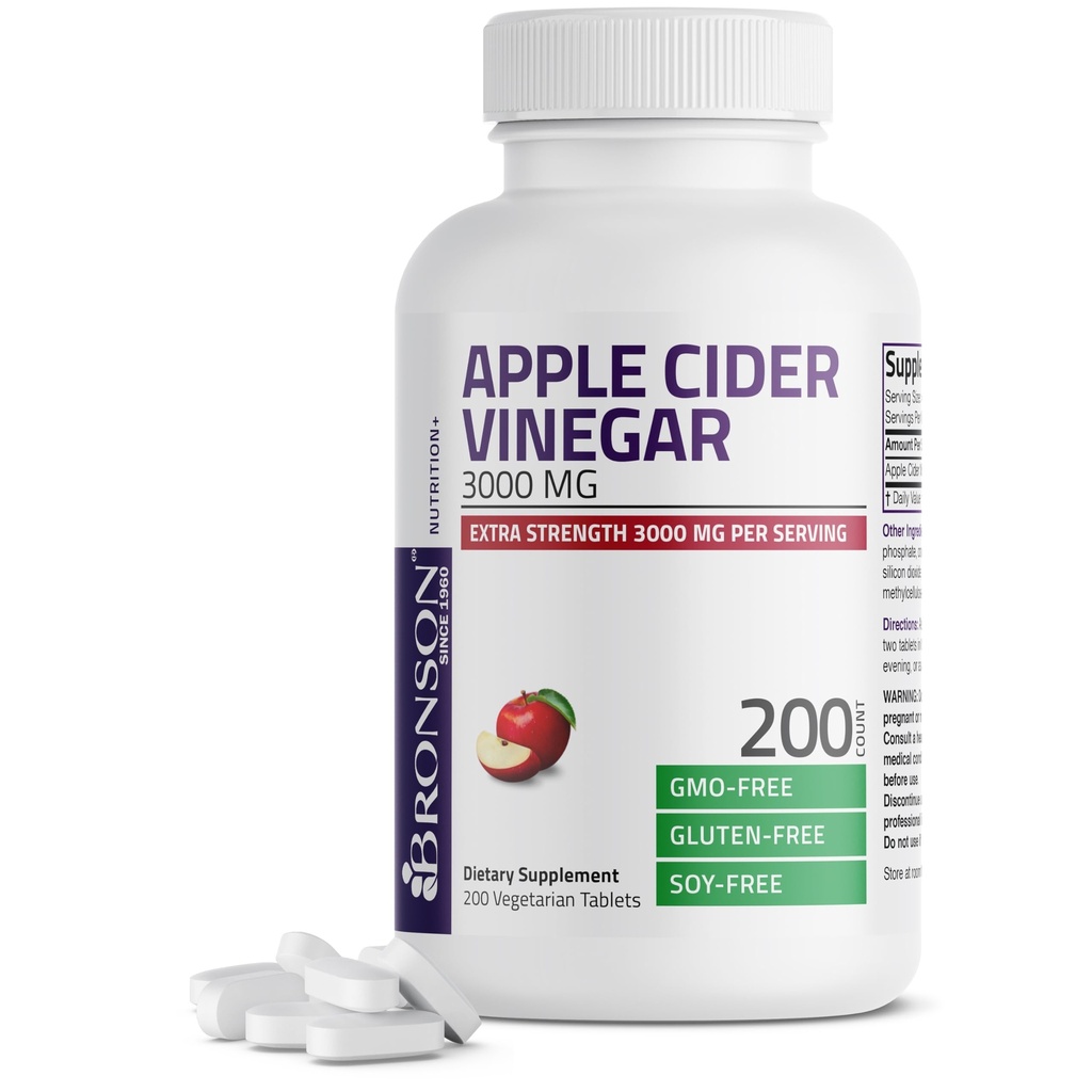 Bronson Apple Cider Vinegar 3000 MG na serviranje dodatne moči - ne-GMO, 200 vegetarijanske tablete
