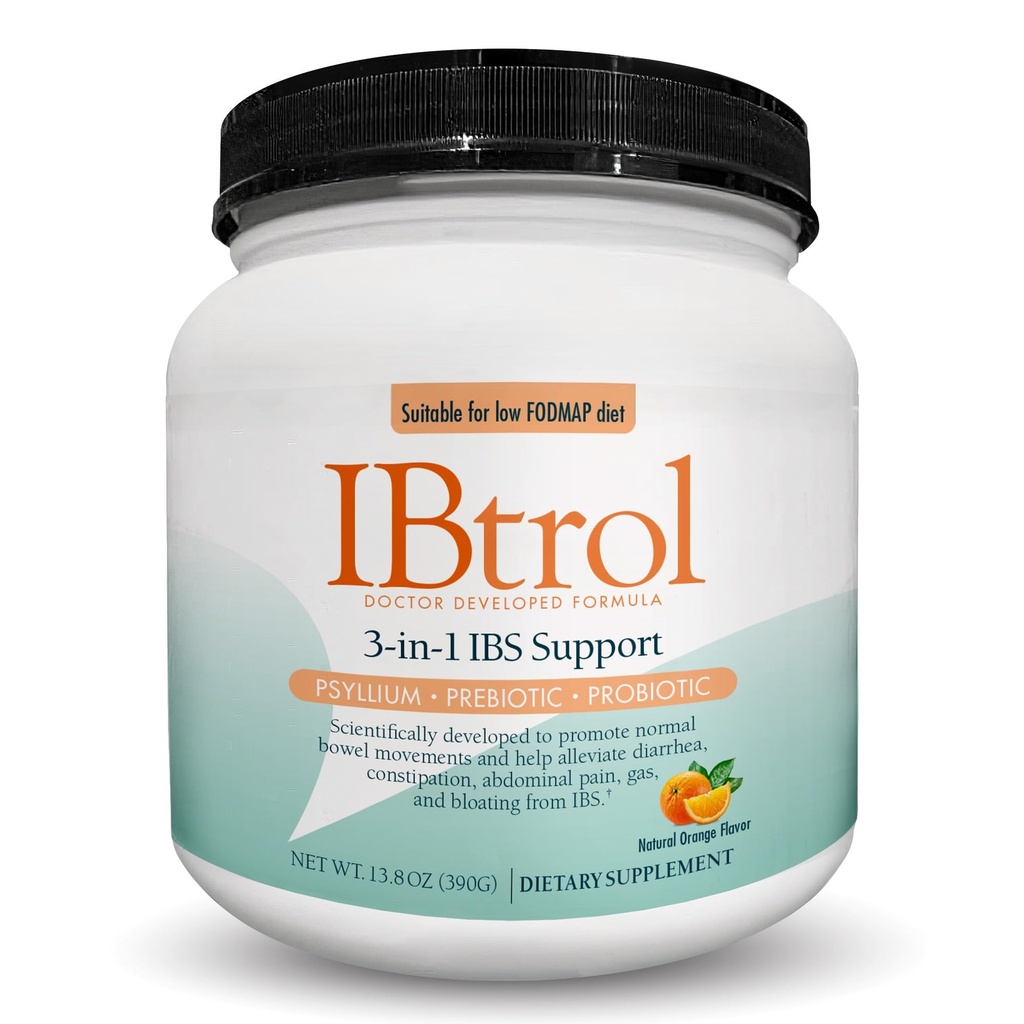 IBtrol® 3–in–1 IBS Gut Health Supplement with Psylium, Prebiotic and Probiotics, Managees IBS simptomi, plin, napenjanje, driska, zaprtje, bolečine v trebuhu 60 Serving (Naravna pomarančna aroma)