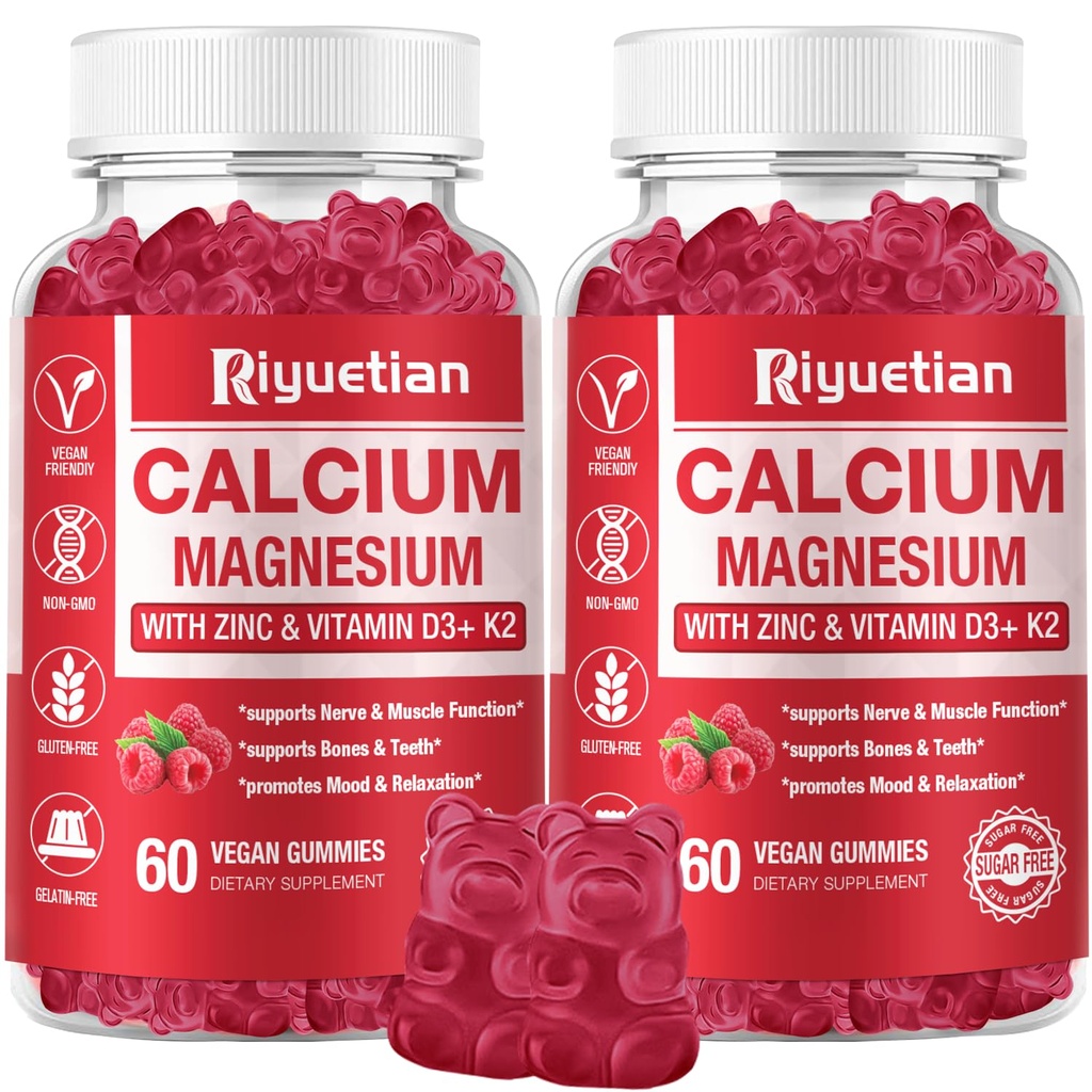 Kalcijevi gumiji + magnezij & cink z vitaminom D3 & K2, visoka absorpcija Kalcijev dodatek za kosti, zob in imunske podpore, ne GSO, Vegan, 120 Število