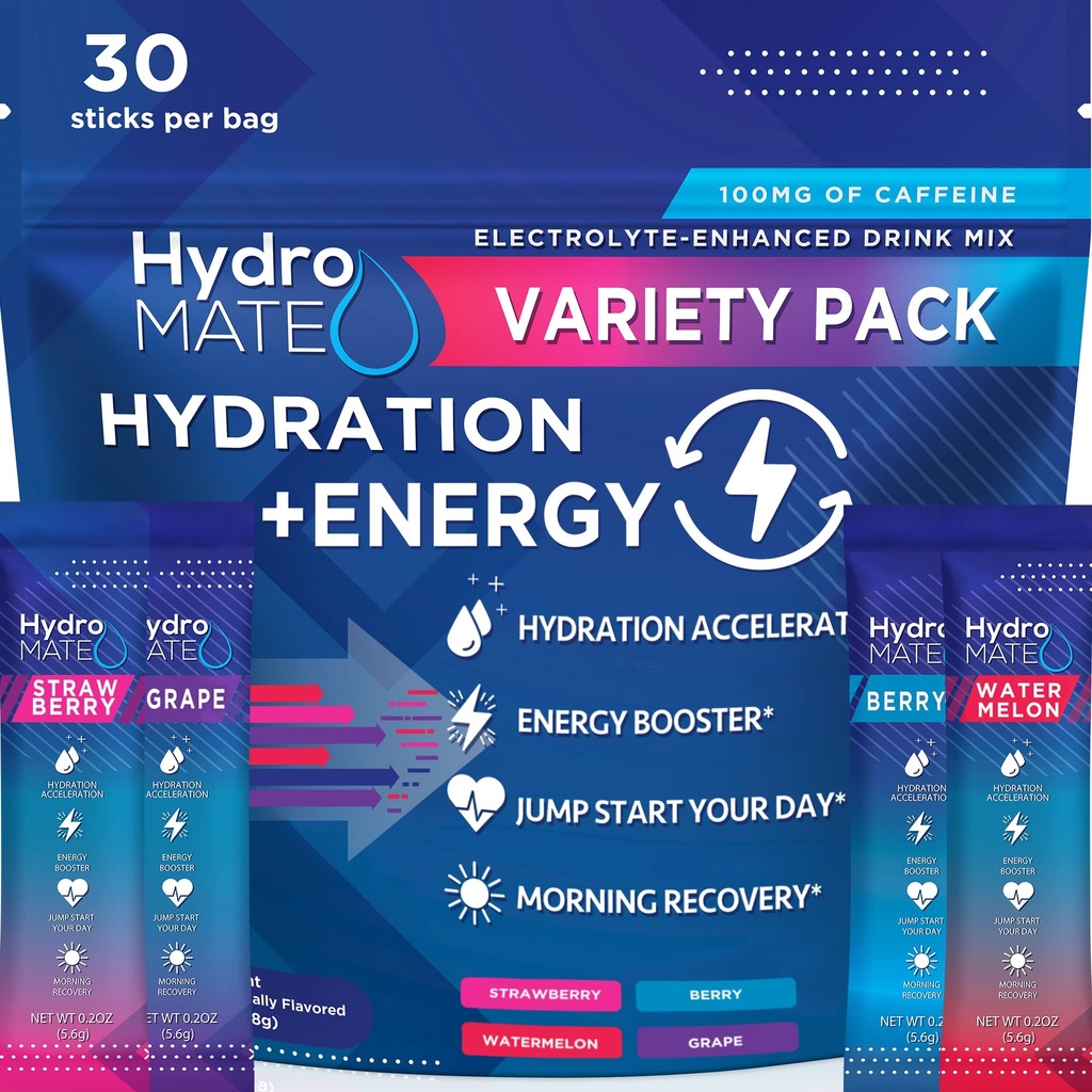 HydroMATE elektroliti v prahu pijača Mix Packets Hidracijska pospeševalnik nizko sladkorna stranka Priljubljeno za hitro okrevanje Vitamin C Plus kofein Variety Pack - 30 Count