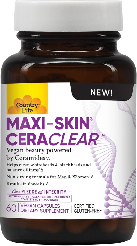 Country Life Maxi-Skin CeraClear, 60 Veganske kapsule – klinično preučevali Konjac Root Ceramids za podporo jasno, Hidrirano kožo in izboljšanje hiperpigmentacije – Gluten prost, Vegan, Košir