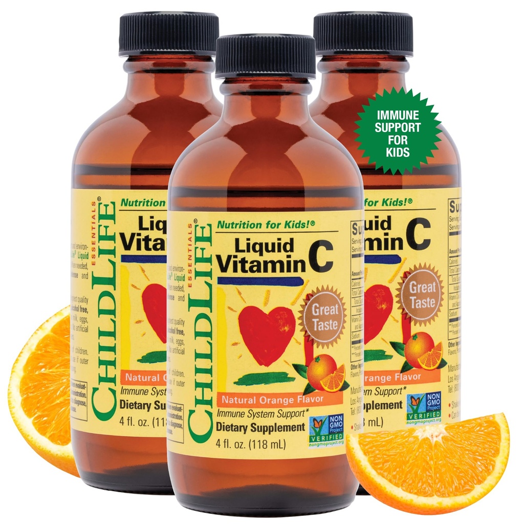 CHILDLIFE ESSENTIALS Tekoči vitamin C - Čisti vitamin C Tekoči dodatek za otroke, Podpora imunskega sistema, odličen okus - Natural Orange Flavor, 4 Fl Oz (Pack of 3)