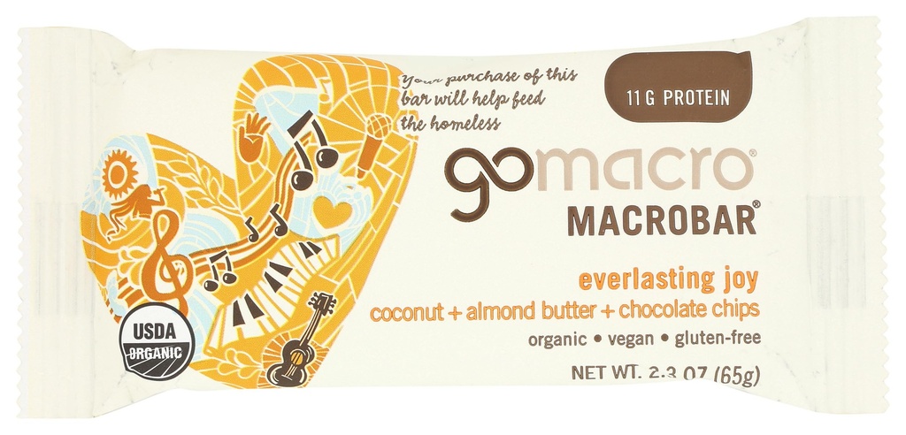 GoMacro MacroBar, Ekološka veganska beljakovinska ploščica, kokos, mandljevo maslo + čokoladni čipi, 2,3 Ounce