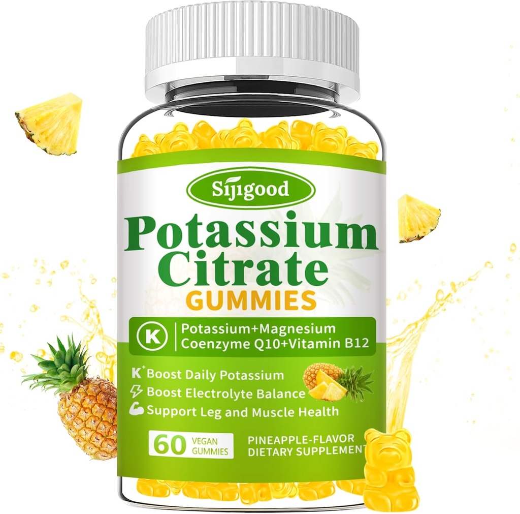 Kalijev citrat Gumiji – Visoka moč Kalijev dodatek za zdravje mišic, pomoč pri krčenju nog, elektrolitsko ravnovesje – Vegan, Ne-GMO, Gluten-free, Ananas Flavor, 60 Število