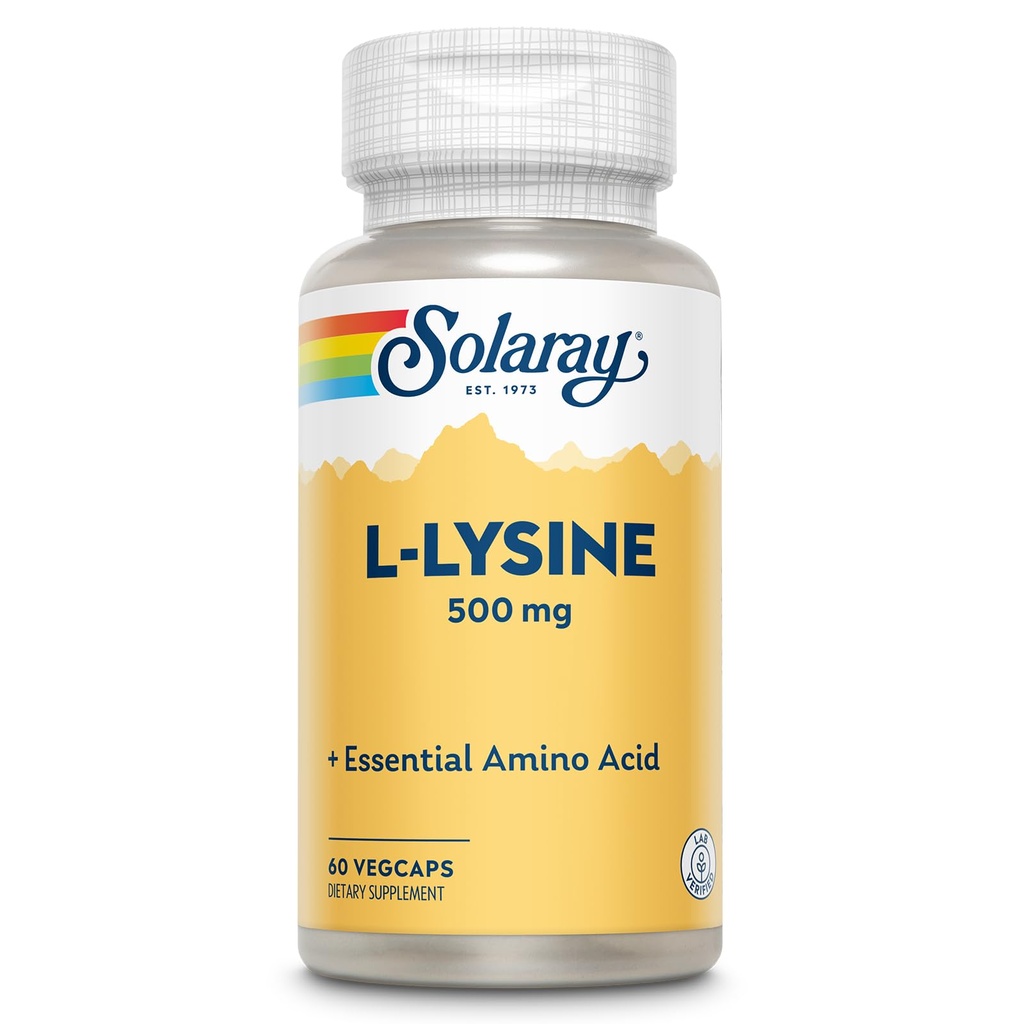SOLARAY L Lysin 500 mg Kapsule - Free-Form Essential Aminokisline dodatek - Močna Wellness podpora z L-Lysine Aminokisline - laboratorij preverjeno, 60-dnevno garancijo, 60 Serving, 60 VegCaps