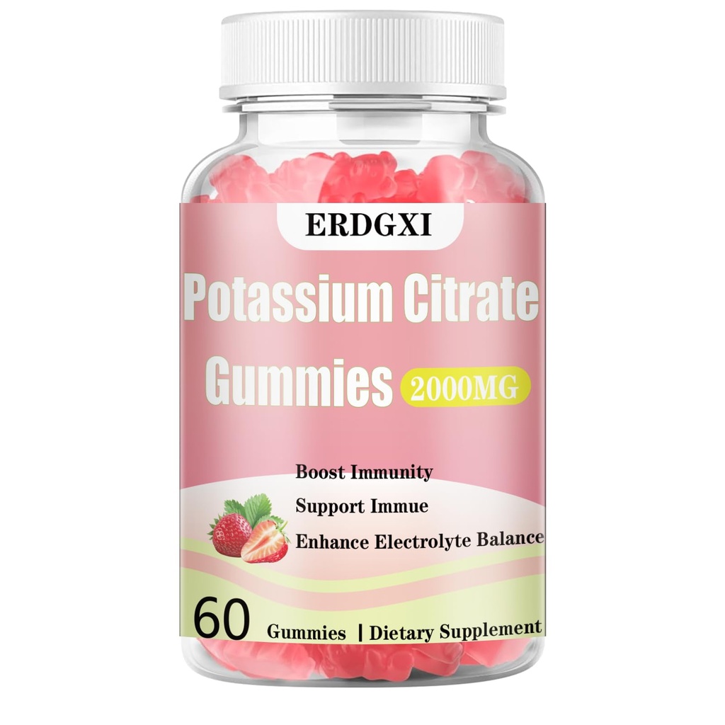 Potassium Citrate Gummies 2000mg,Potassium Supplement for Men & Women,Support Electrolyte Balance &Overall Health,Sugar Free,Strawberry Flavor,60 Count(Pack of 1)