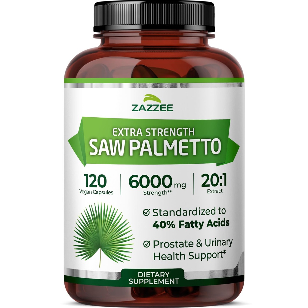 Zazzee Extra Strength Saw Palmetto 20:1 Extract, 6000 mg Jakost, 40% Maščobne kisline, 120 Veganskih kapsul, 4 Mesec dobave, koncentriran in standardiziran 20X ekstrakt, ne-GMO, vse naravno, Izdelano v ZDA