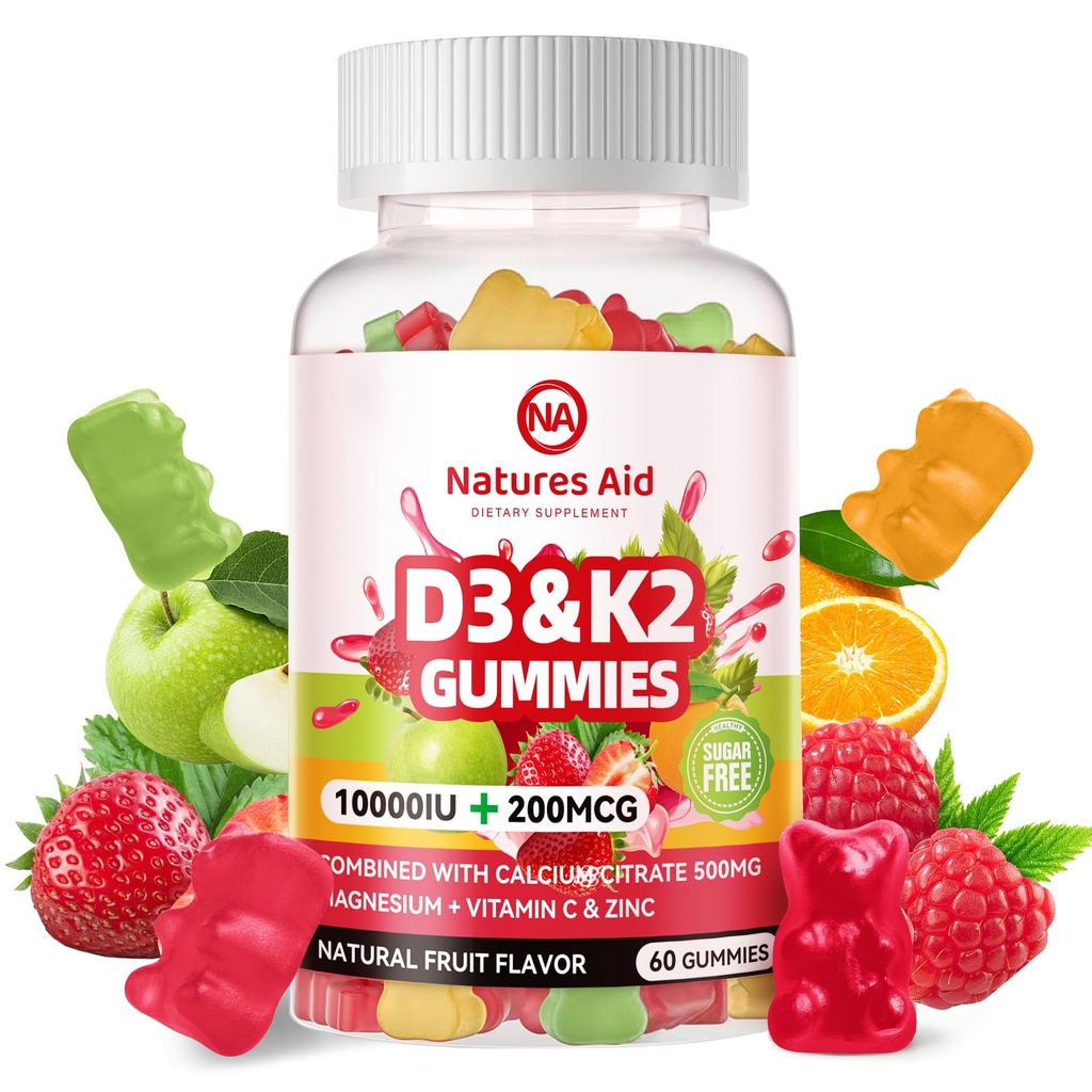 Narava Aid Vitamin brez sladkorja D3 K2 Gumiji s kalcijom + K2 (MK-7), magnezijev citrat, vitamin C, ekstra moč - absorpcija za kostne mišice Imune, Vegan - 60 Gumijev