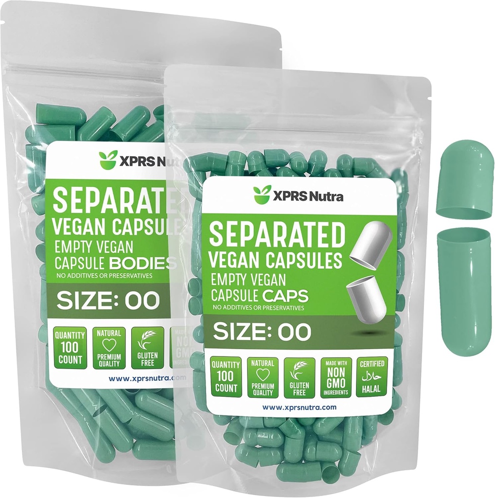 XPRS Nutra Vegan Velikost 00 Ločene kapsule - 100 Premium prazne kapsule Ločene v vrečah - 00 Tablete Prazne za polnjenje (zelene)