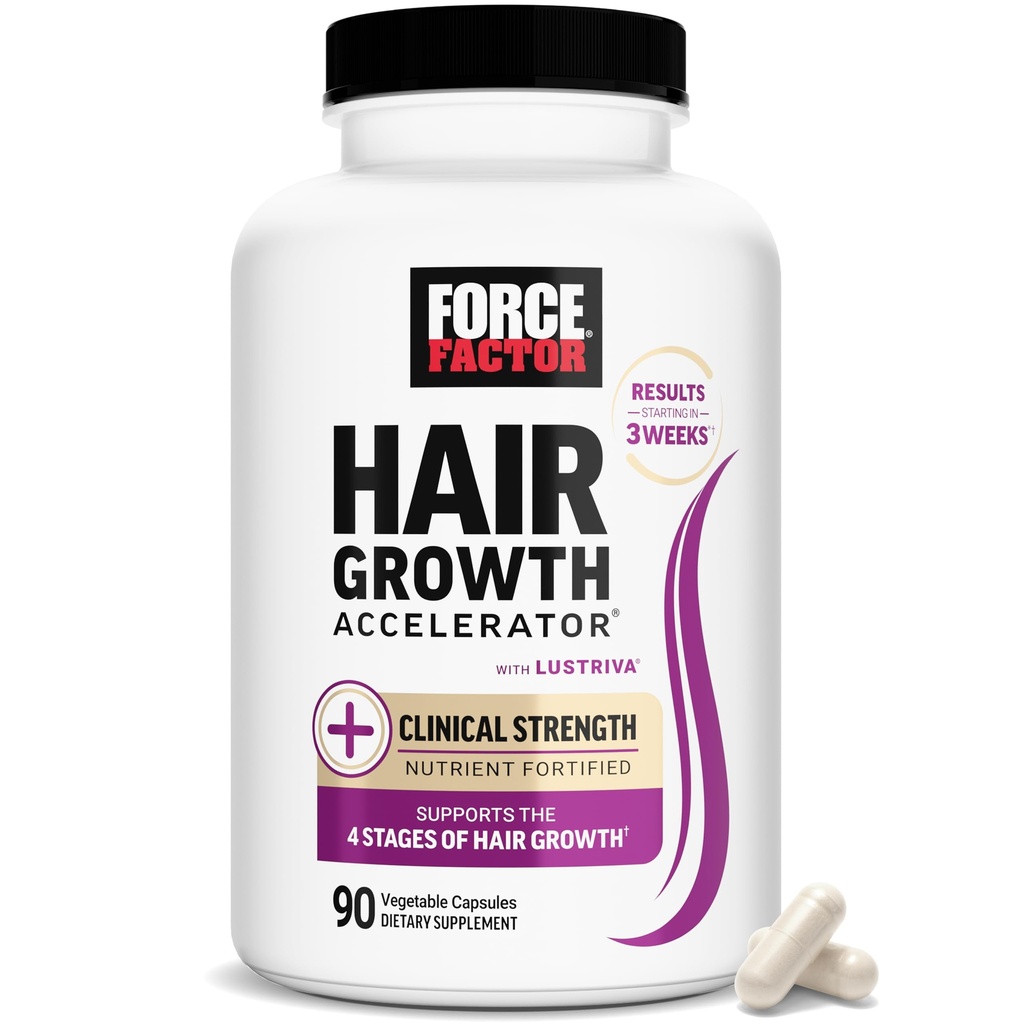 FORCE FACTOR Pospeševalnik rasti las Multivitaminski za ženske in moške, z Lustriva, Biotin, Horsetail & Vitamini A, B12, C, D & E za gostejše lase, bolj zdrave kože in nohte, 90 kapsul