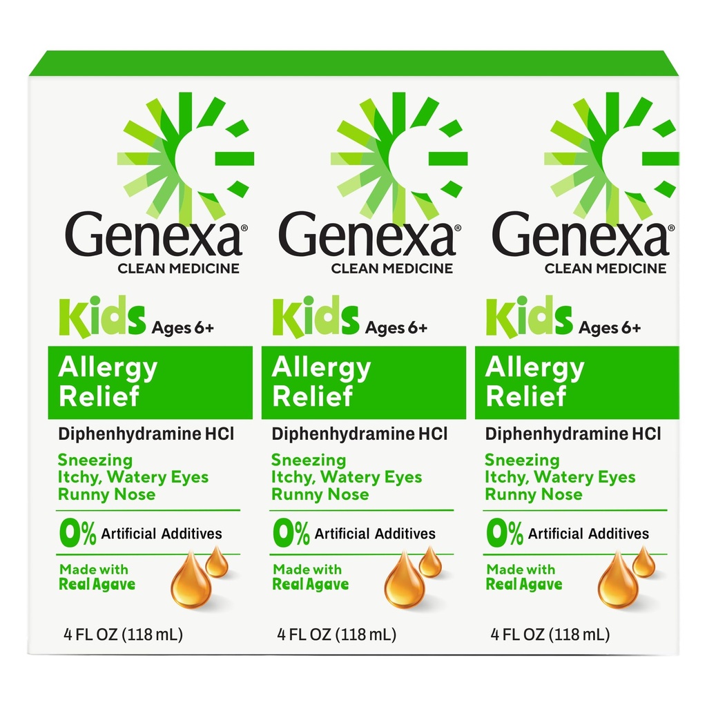 Genexa Kids Allergy Medicine Made Clean, Agave Flavor, 4 fl oz, 3 Pack | Diphenhydramine HCI Antihistamine, Dye Free, 0% Artificial Additives, Ages 6+, Runny Nose, Sneezing, Vegan & Non-GMO