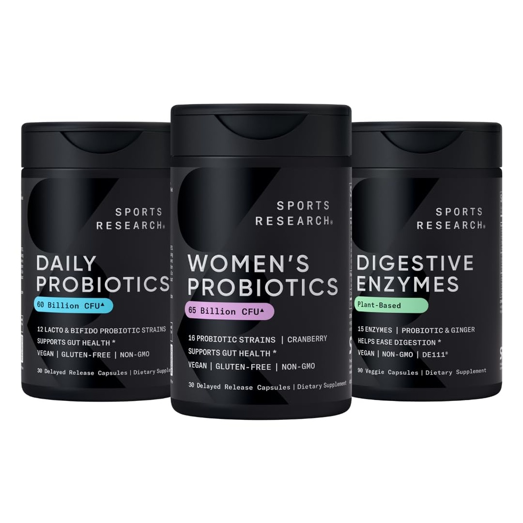 Sports Research All Vegan: Daily Probiotics with Prebiotics (60 milijard CFU), Prebavne encime s probiotiki in ingver (na osnovi planta) in ženske probiotike s prebiotiki (65 milijard CFU)