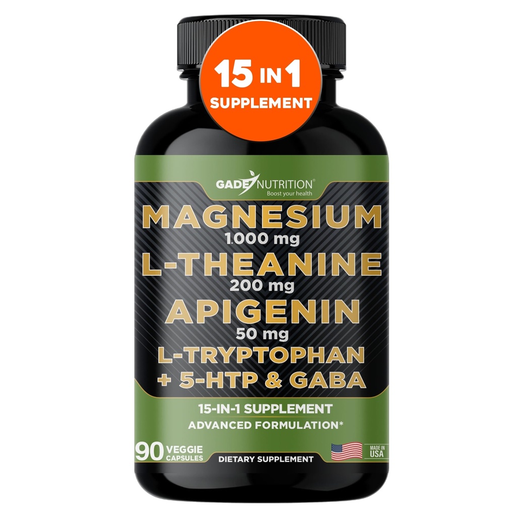 Gade Nutrition Magnezij Glycinate & Magneisum Dodatki z Apigenin, L Theanine 200 mg, 5 HTP, GABA Calm Brain Booster Supplement Sleep Aid Ashwagandha L Triptofan Kamilica