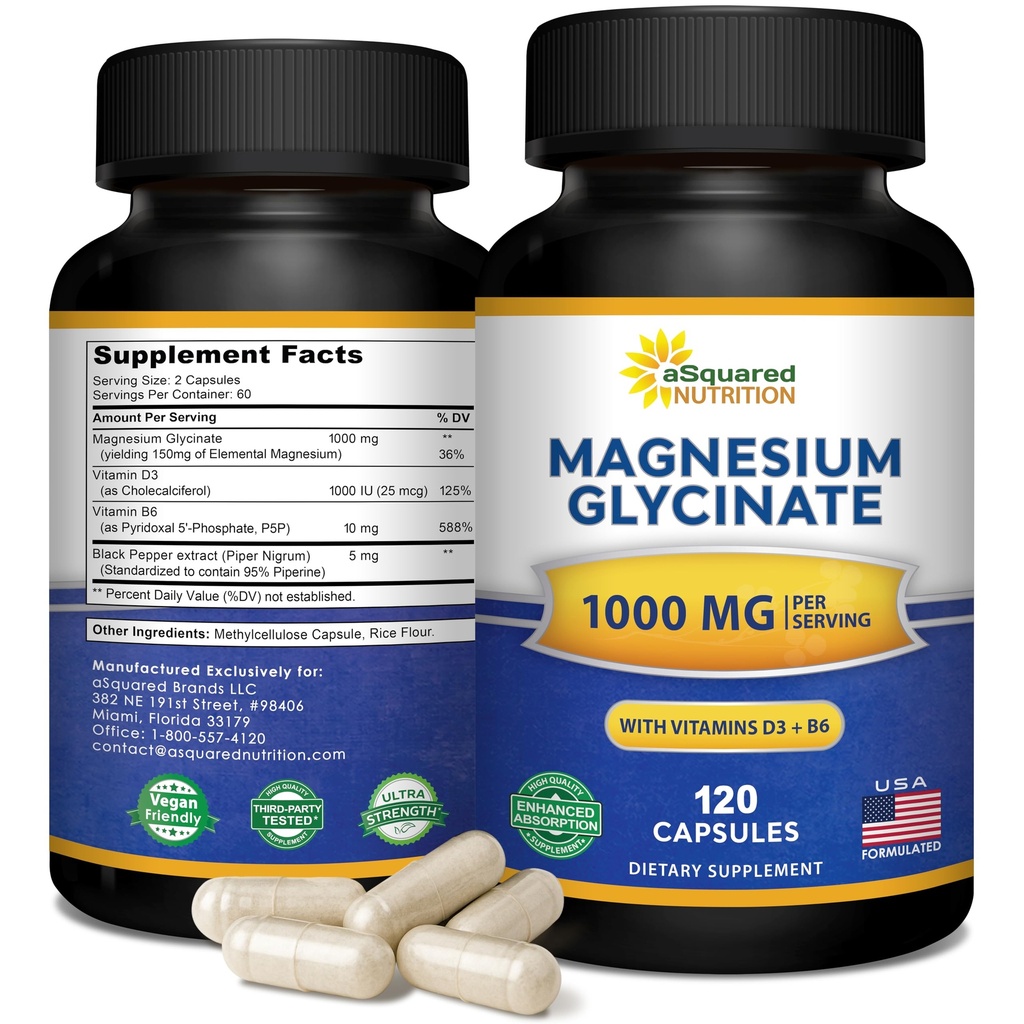 Magnezij Glicinat 1000mg z vitaminom D3 & B6-500mg na kapsulo - čisti osnovni Mag dodatek kompleks za spanje, mišice, zdravje kosti - Zamenjajte tablete, tablete in prašek - 120 kapsul