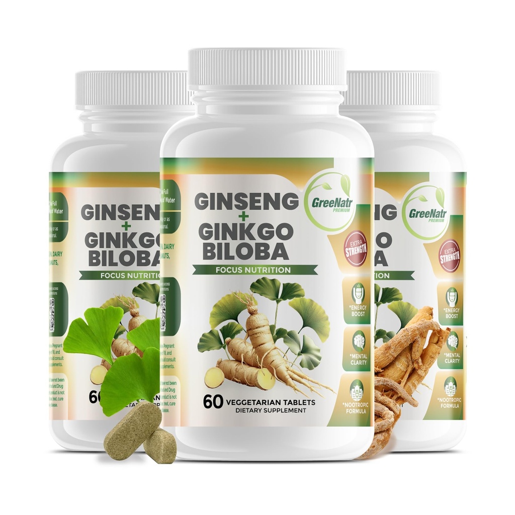 GreeNatr Ginko Biloba & Panax Ginseng dodatek - Red Ginseng Možganski dodatek za spomin in fokus - Ginkgo Biloba dopolnila za dober vid, imunski sistem in izboljšan pretok krvi - 3 steklenice