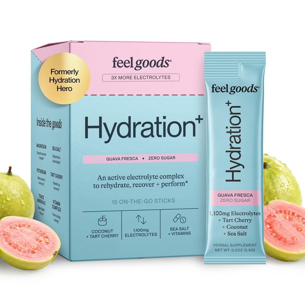 Feel Goods Hidracija Hero, 1.000mg Elektroliti v prahu, brez sladkorja, Magnezij, organska kokos voda, L Theanin, Vitamin C & B12, Ne GSO, Keto, Vegan, Elektrolitski paketi 