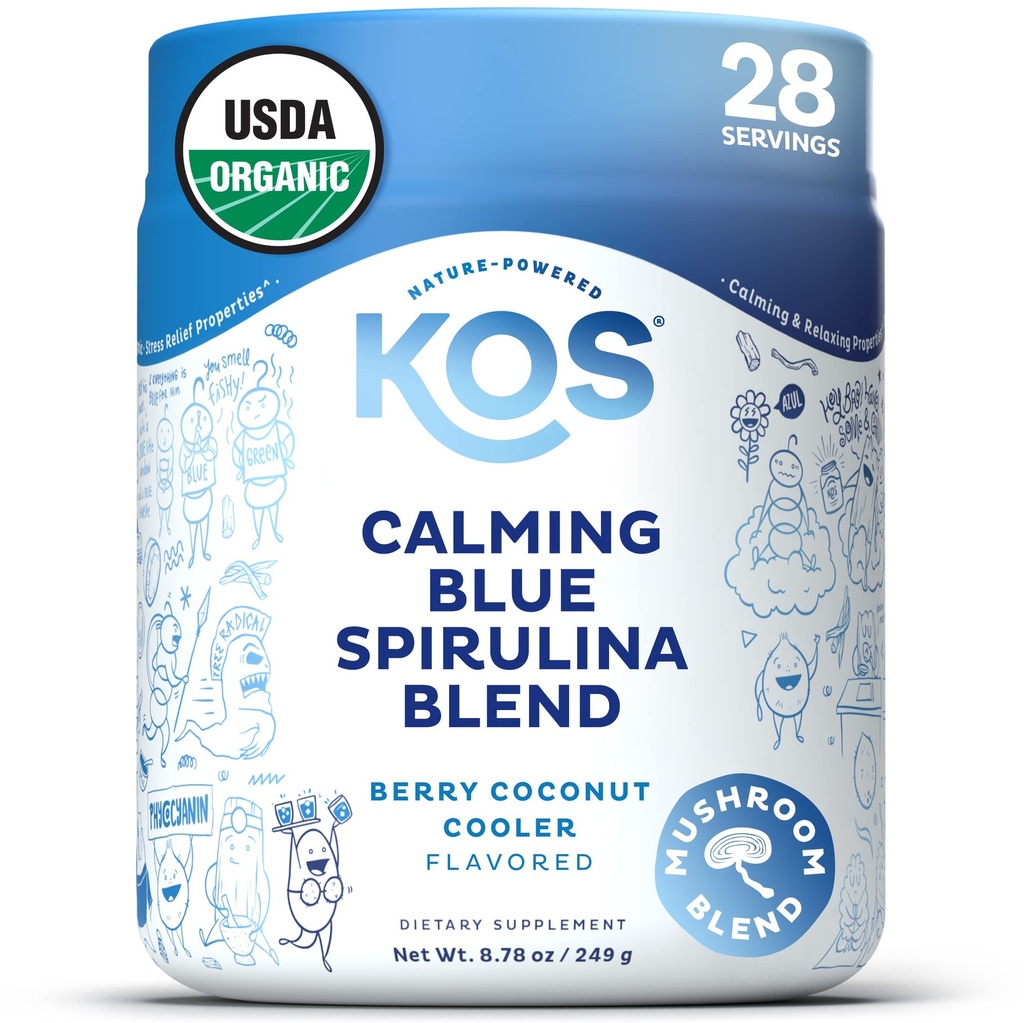 KOS Umirjanje Blue Spirulina Mešanica- USDA Certified Organic - Algae Superfood Powder z Ashwagandha Root, Lemon Balm, Reishi goba, B vitamini - Berry Coconut Cooner Flavor, 28 Servings