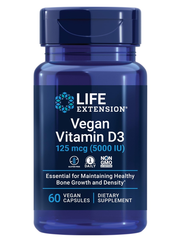 Life Extension Vegan Vitamin D3, 125 μg (5000 i. e.), holekalciferol iz alge, imunološki visokopotezni, zdravje kosti in celote, brez glutena, ne- GMO, 1 dnevno, Vegan, 60 veganskih kapsul