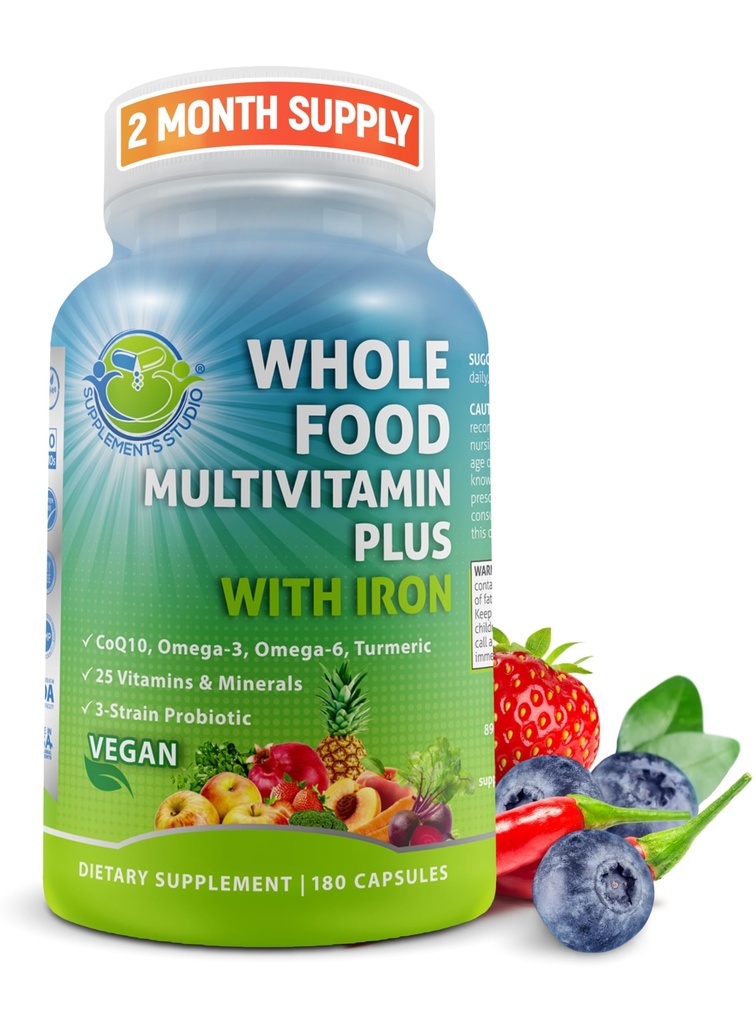 Veganska cela hrana Daily Multivitamin z železom, metilirani multivitamin za ženske in moške, izdelan iz sadja in zelenjave, B-kompleks, probiotiki, encimi, CoQ10, omega, kurkuma, ne-GMO, 180 Count