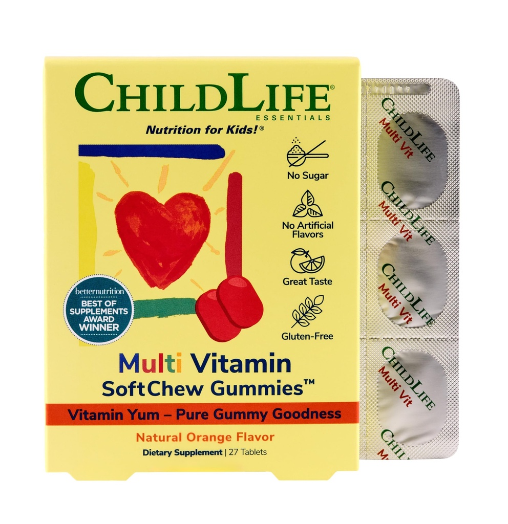 CHILDLIFE ESSENTIALS Otroci Multivitaminski SoftChew Gummies - otroci Vitamini, Multivitaminski za otroke, Multivitaminski Gummies, Toddlerjevi vitamini, otroci Žvečljivi vitamini, sladkor brez - naravna pomaranča, 27 tablet