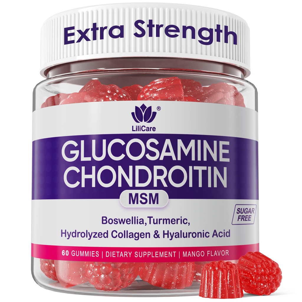 Glukozamin Chondroitin Gumies, sladkor brez Glukozamin Chondroitin MSM dodatek, Dodatna moč z Boswellia kurkuma, hidrolizirana kolagen & hialuronska kislina, zdravje kosti za moške in ženske, 60 Cts
