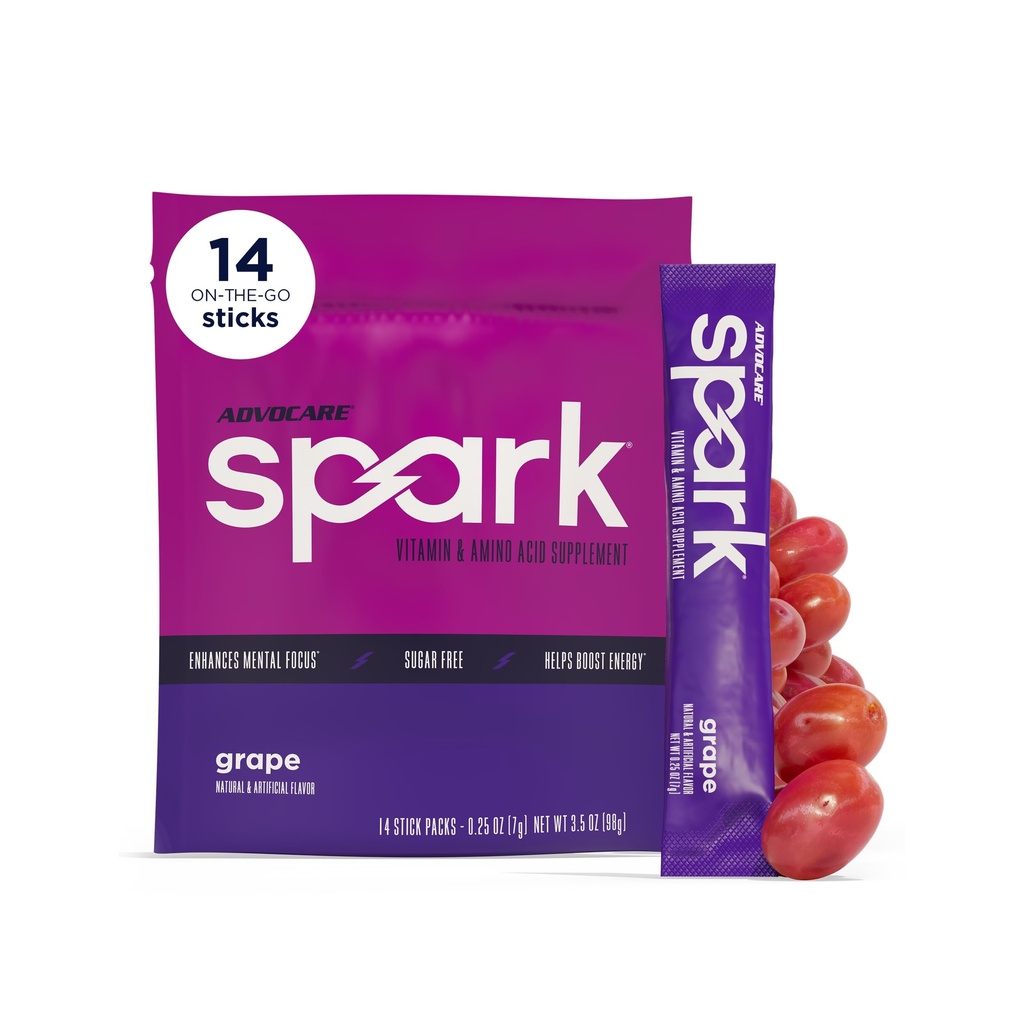 AdvoCare Spark Vitamin & Aminokisline dodatek - Fokus & Energy Drink Powder Mešanica z vitaminom A, B-6, C & E - Vključuje tudi L-karnitin in L-tirozin - Grozdje, 14 Pakiranja