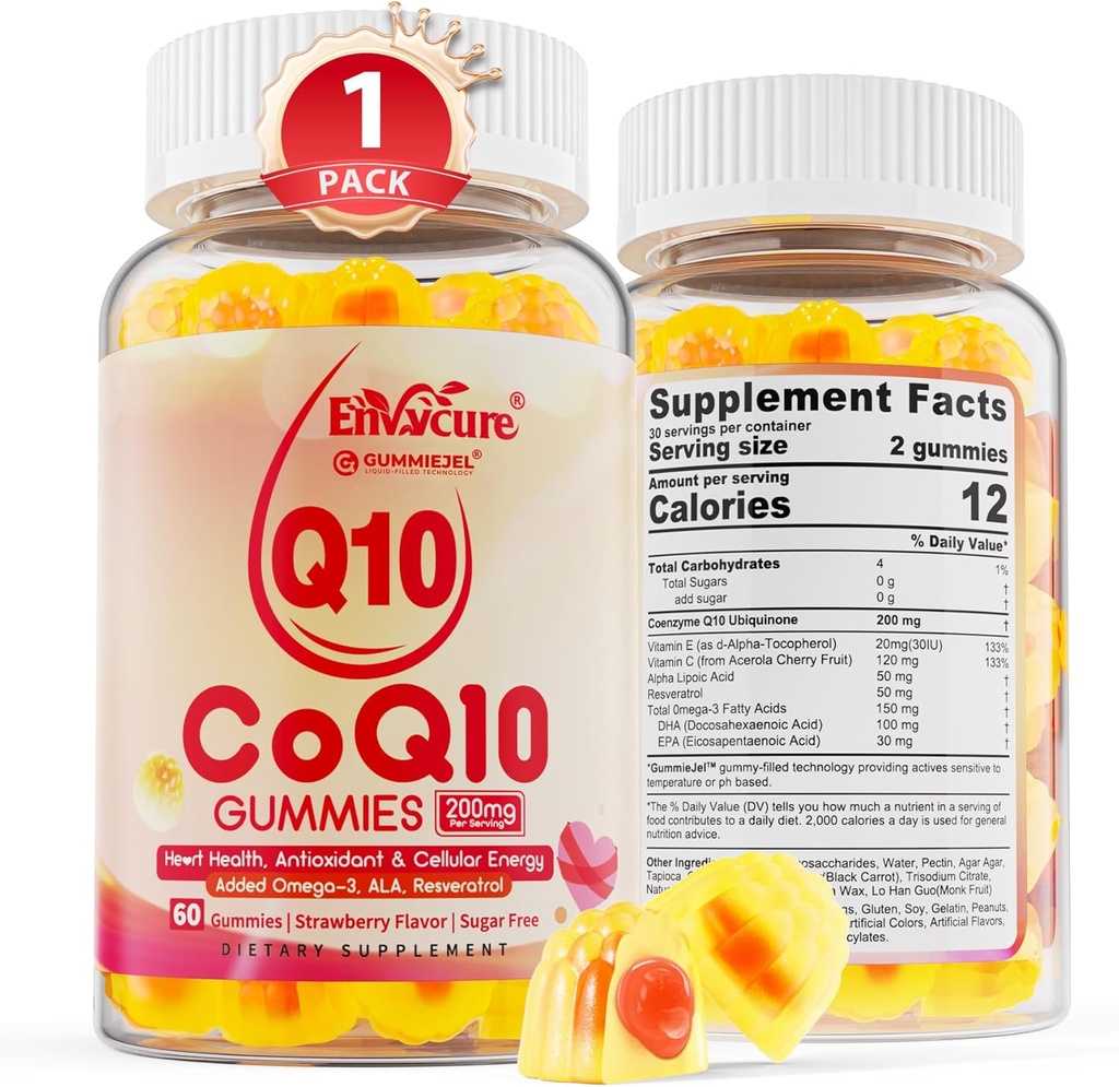 CoQ10 200mg Polni gumi, 5X boljša absorpcija CoQ10 w/resveratrol, alfa lipoična kislina, omega-3, vitamin E, C, koencim Q10 za celično energijo, srce, možgane in antioksidant (1Pack)