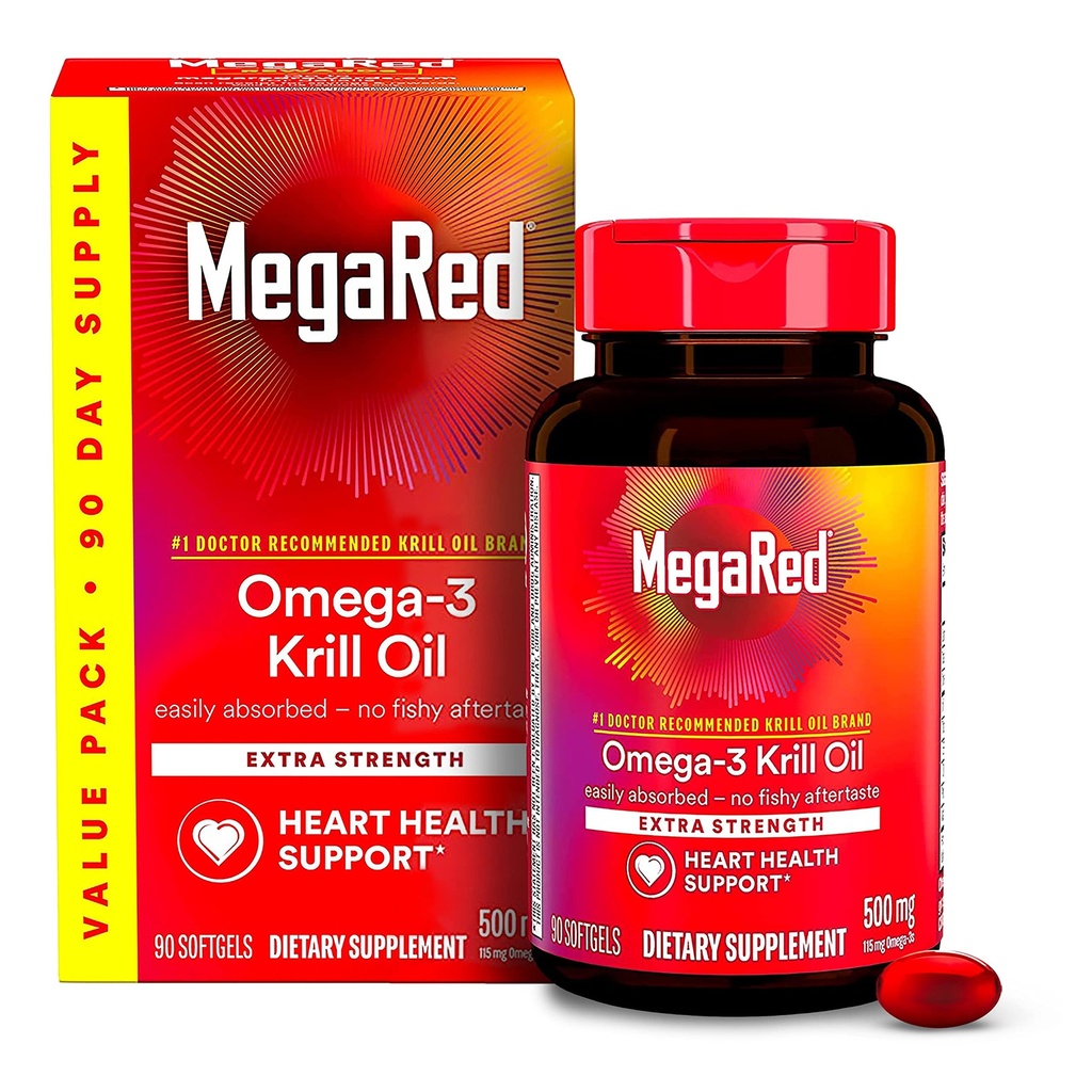 Megardeča Antarktika Krill Oil 500mg Omega 3 Maščobne kisline dodatek, ekstra moč EPA & DHA Krill Oil Softgels (90cnt Box), Astaksantin, Heart Health Supplement brez ribjega olja pookus
