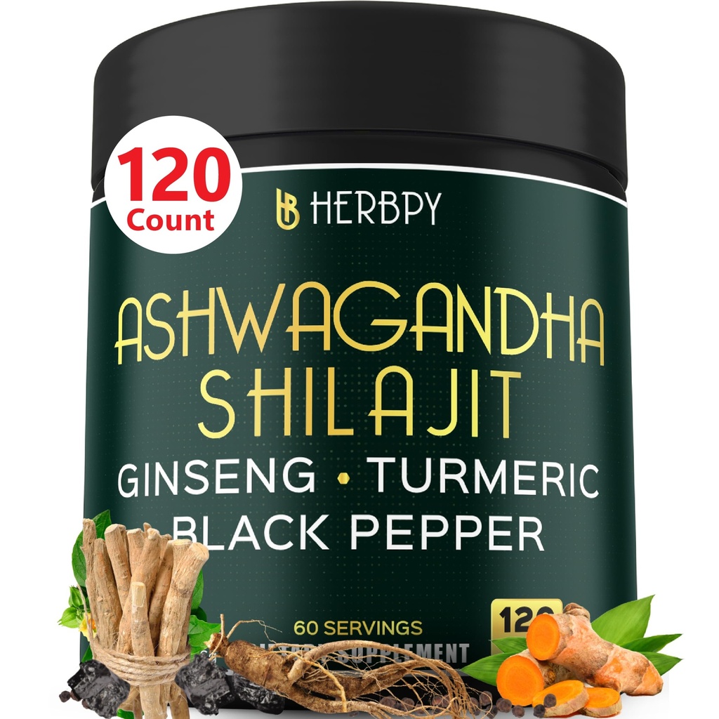 5in1 Ashwagandha Dodatna moč s Shilajit za Stamina, Energy & Relaxation Podpora - Plus Ginseng, Kurkuma Root & Black Pepper - 120 Count