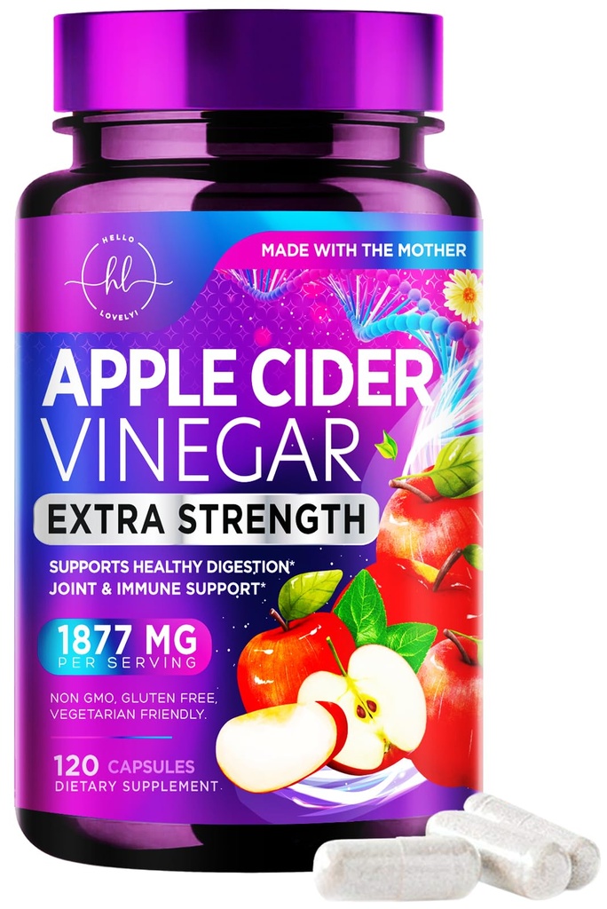 Kapsule jabolčnega kisa 1877mg - dodatna moč ACV Tablete z vitaminom D3 in cinkom - Apple Vinegar tablete dopolnilo za digescijo, energijo in imunske podpore, Non-GMO, ustekleničen v ZDA - 120 kapsul