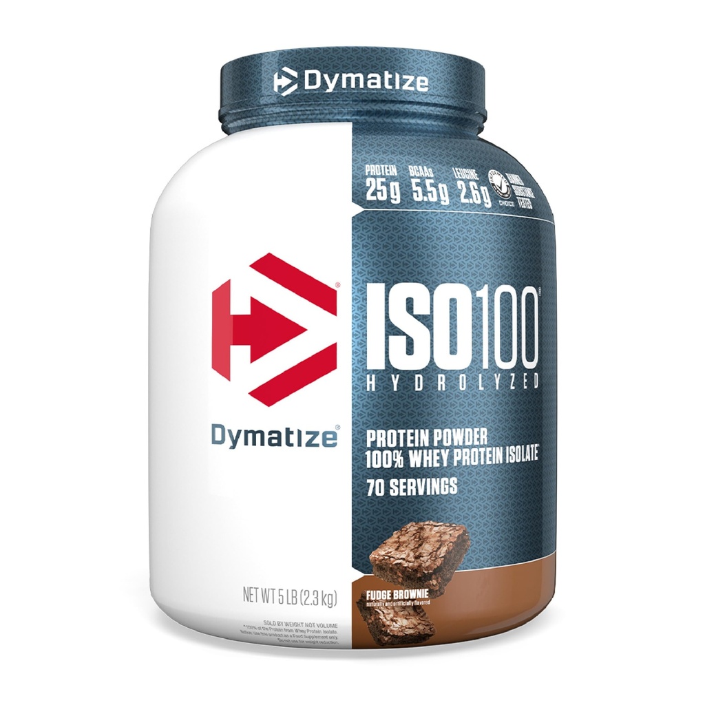 Dymatize ISO100 Whey Protein Powder Isolate, Fudge Brownie, 25 g beljakovin, 5 funtov, 5,5 g BCAA, manj kot 120 kal., Gluten Free, 1 g maščobe, 1 g sladkorja, 2 g ogljikovih hidratov (70 servingov)