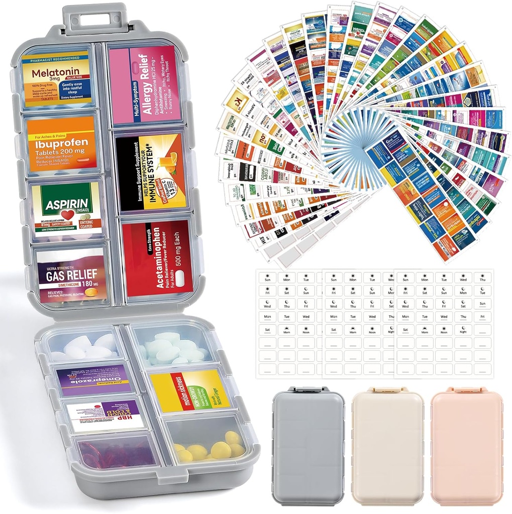 3 Pack 14 Mreže tablete Organizator škatle z 415-Pcs Medicine Ime Nalepke - Pocket Daily Lekarna Case Container Kit - Travel Medication Imetnik Dispenser for Fish Oil Vitamin dodatek shranjevanje