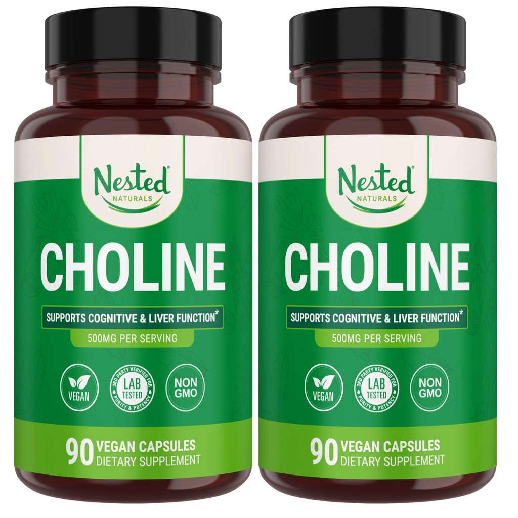 Nested Naturals Choline Bitartrate 500mg - Visoka moč Choline dopolnila - Podpira materinstvo in zdravje plod med nosečnostjo* - 100% Vegan & Non-GMO - 2-pak (180 Veganske kapsule)