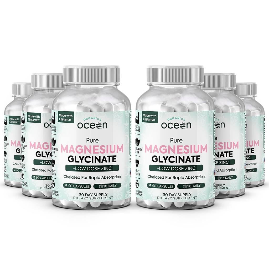 Organics Ocean Pure Magnezij Glicinat z cinkom - Največja moč kelirani magnezij dodatek za ženske in moške za mišične kratice in podporo za spanje - 6 steklenice